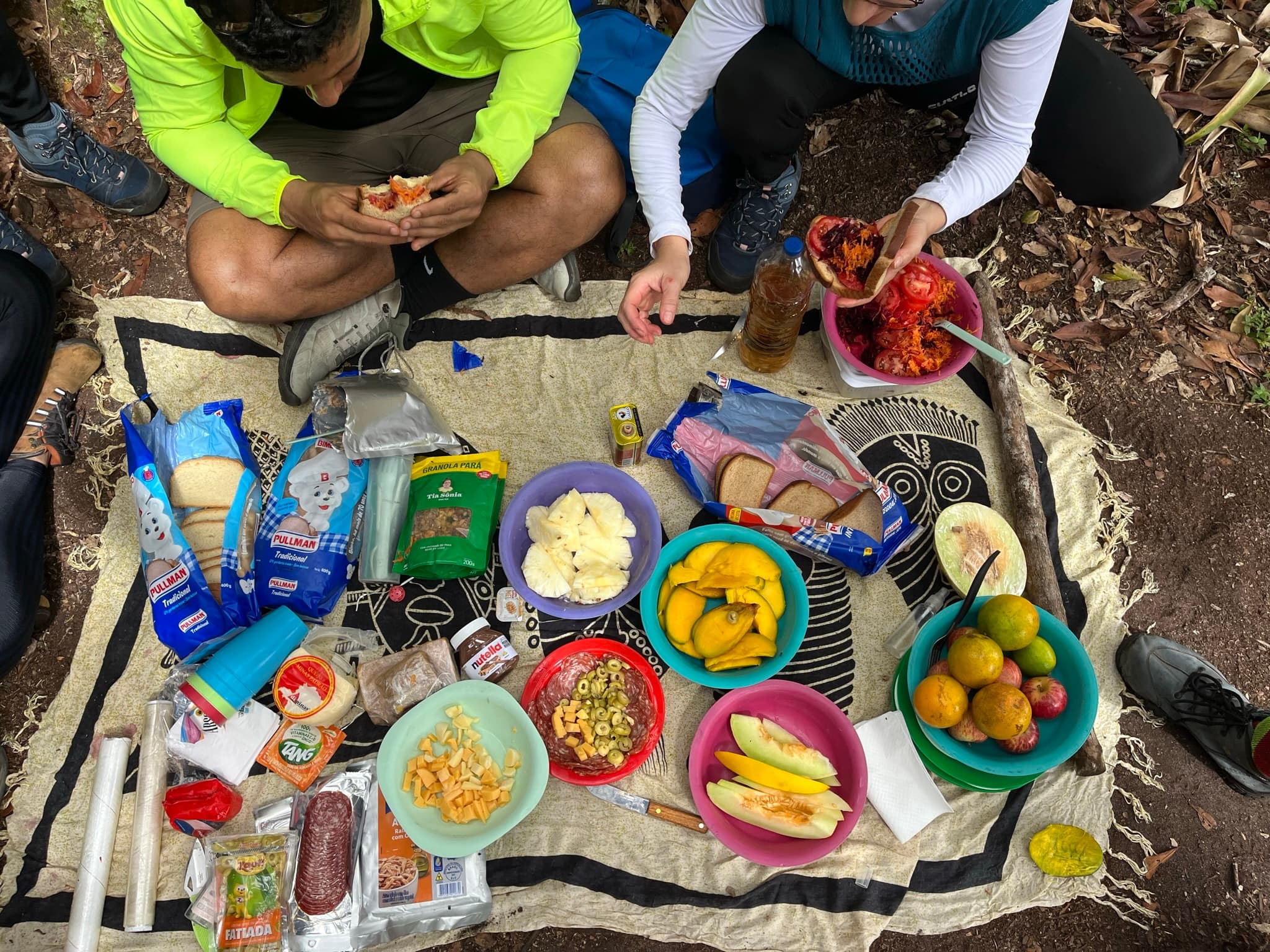 A picnic laid out on a cloth, with fruit, bread and cold cuts