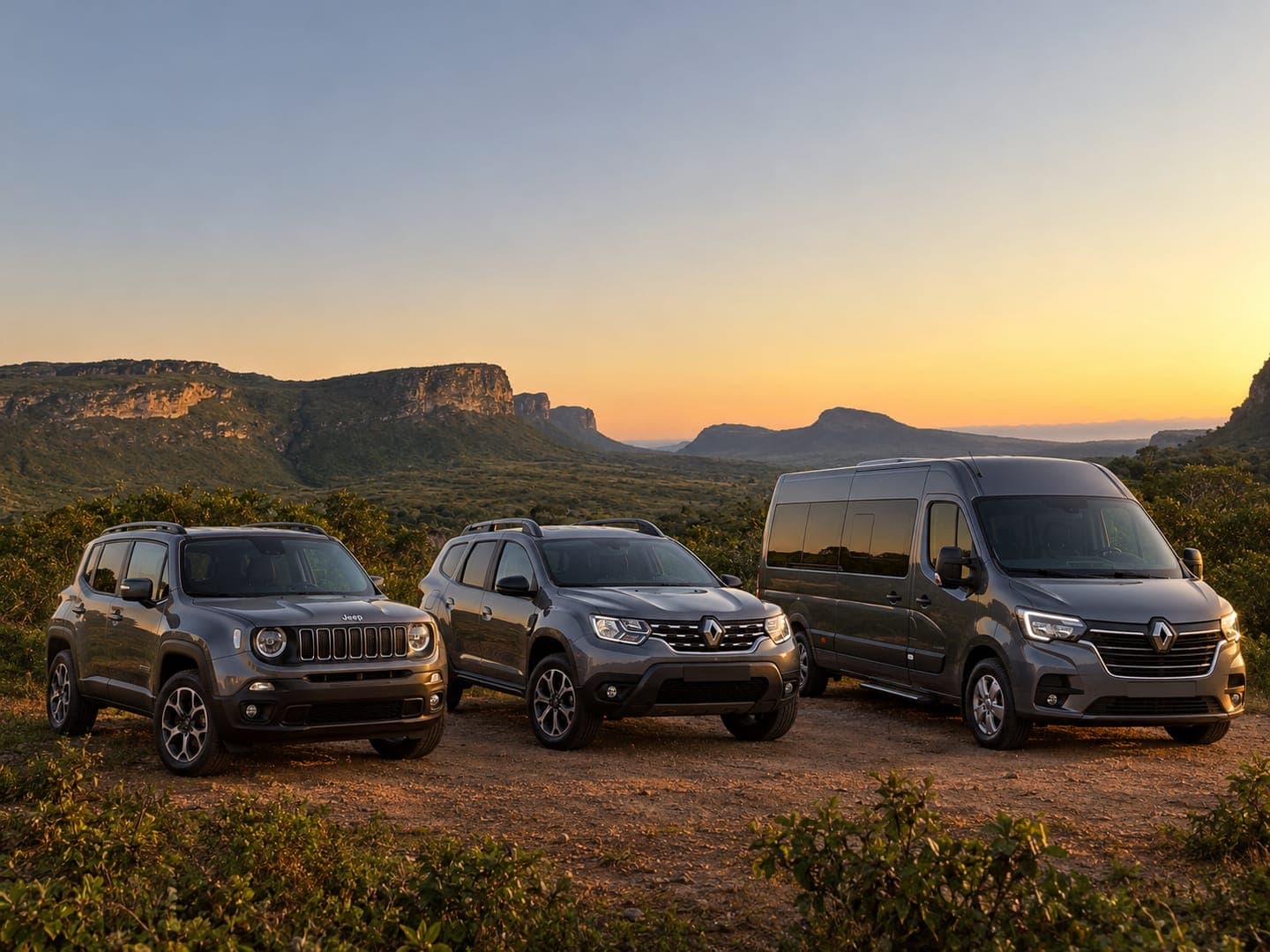 A frota da Mamut — dois SUVs e uma van — com os morros da Chapada Diamantina ao pôr do sol